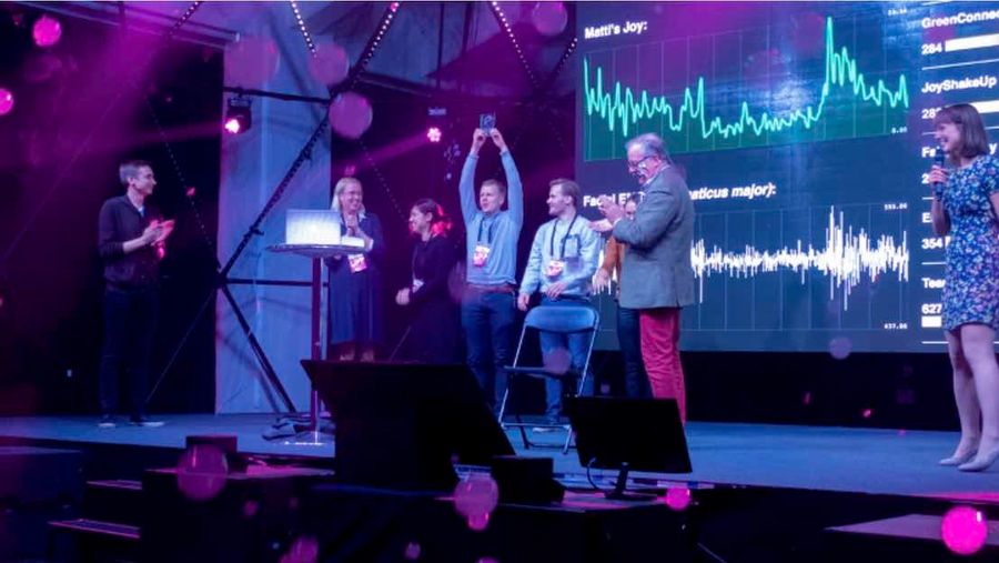 Image of Emotion Hack Day winners celebrating on stage